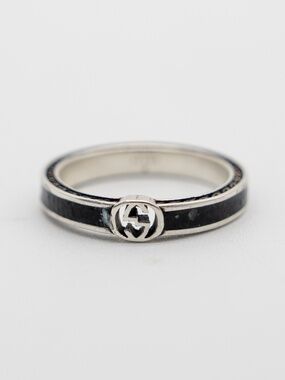 size 19 US 8.75 Gucci GG Interlocking Black Enamel Ring Sterling Silver 925